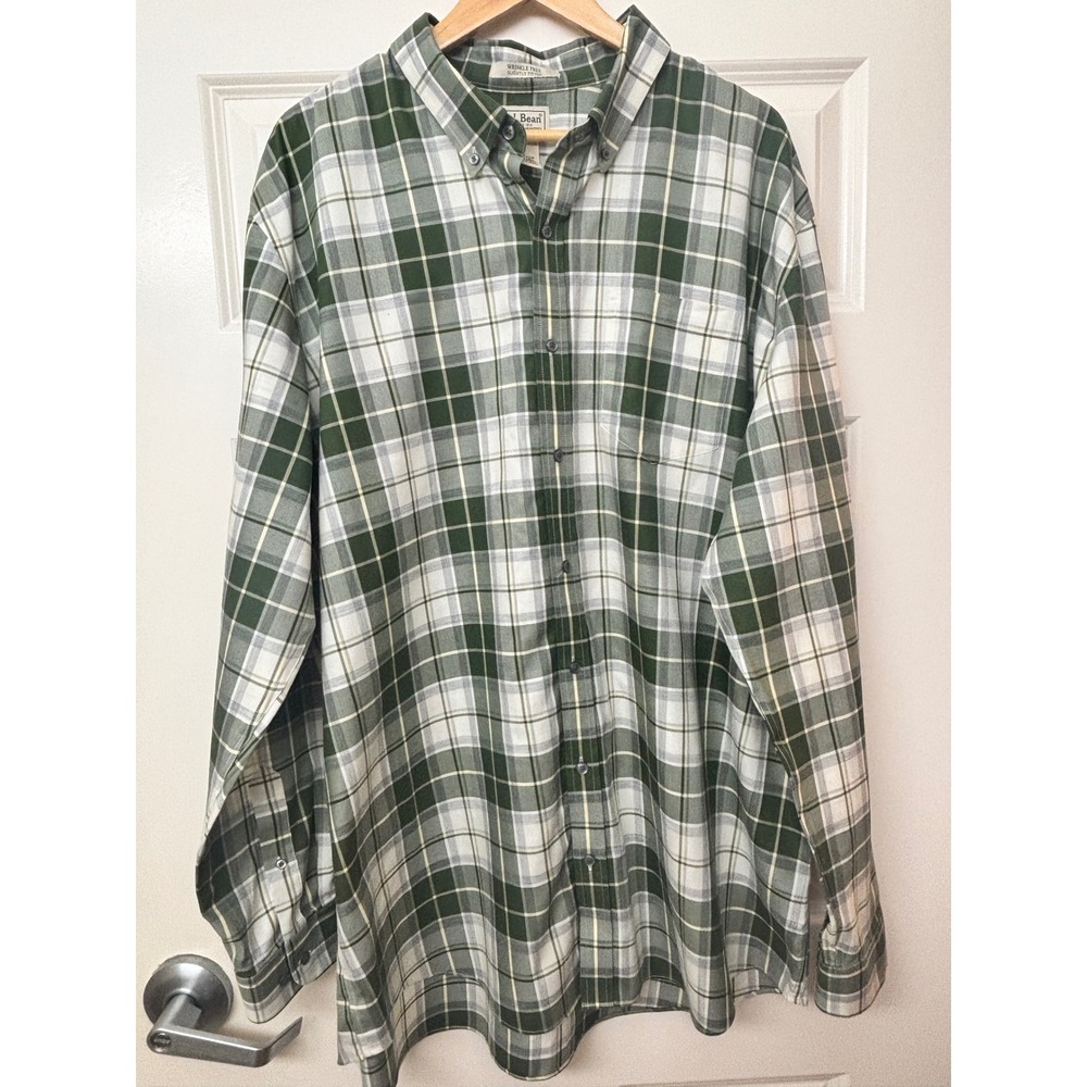 LL Bean Mens XXL Tall Green Plaid Wrinkle Free Slightly Fitted Long Sleeve Shirt